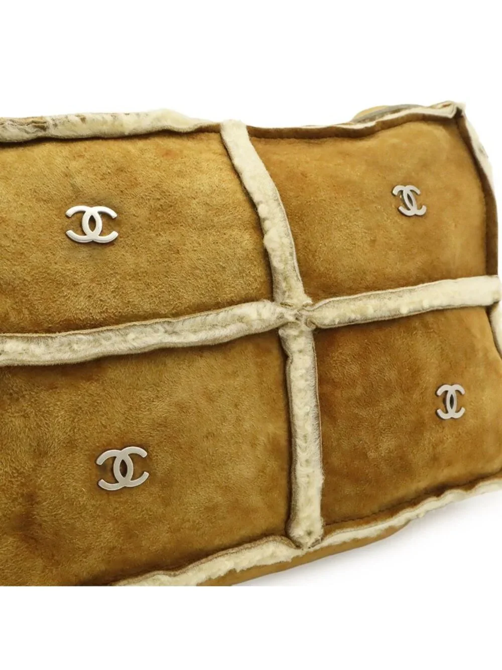 Chanel CC Logo Shoulder Bag Crossbody Shearling Brown Silver
